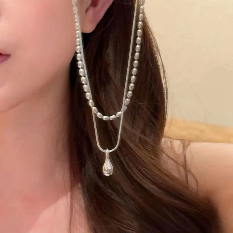 Water Drop Pendant Necklace for Women Double Collar Chain Fashion Fine Jewelry Gifts Long Layered Necklace Jewelry Accessories