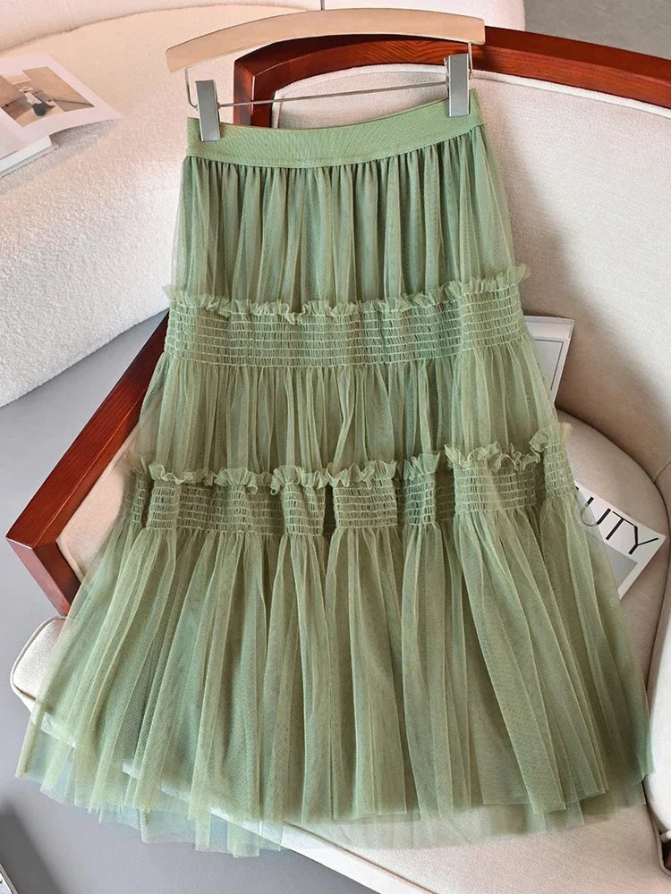 Sweety Nice In Dresses Summer Pleated Long Skirts Girl Elastic Waist Fairy Tiered Skirt Women Solid Color Elegant Women's Skirts
