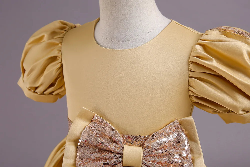 Golden Bow Satin Girls Dress For Weddings Party Children's Pageant Ball Gown Kids Formal Evening Clothing 2-8 10 Years
