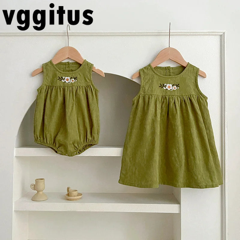 Girls Birthday Party Sisters Outfits Summer Green Apricot Floral Embroidery Sleeveless Bodysuit Vest Dress Baby Clothes H037