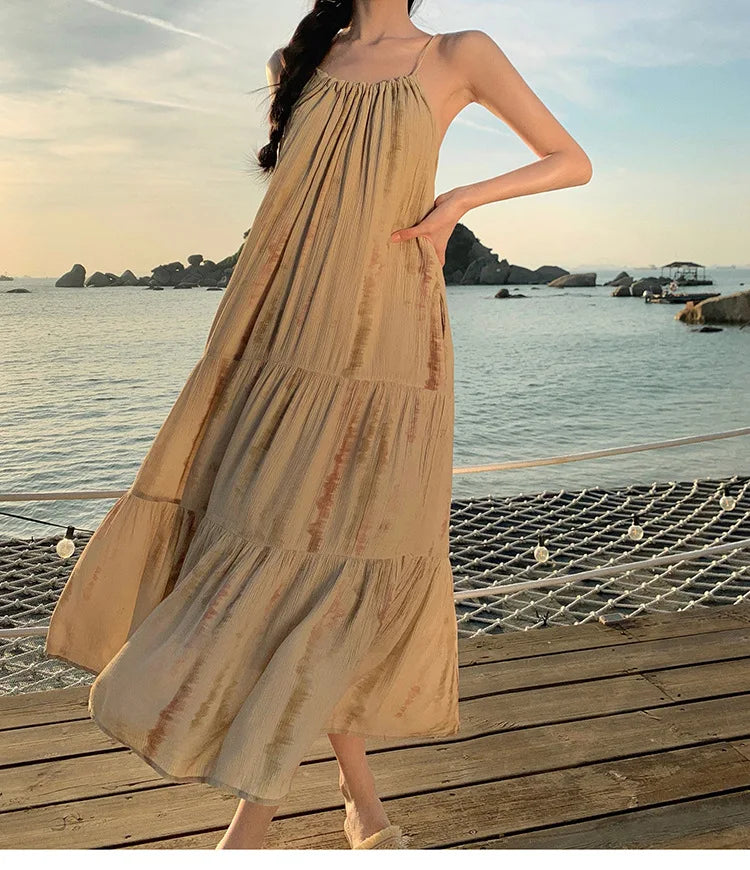 Summer Breeze New Style Folded Hem Strap Dress French Vacation Cool Neck Hanging Skirt Long A-Line Gown round Neck Sleeveless