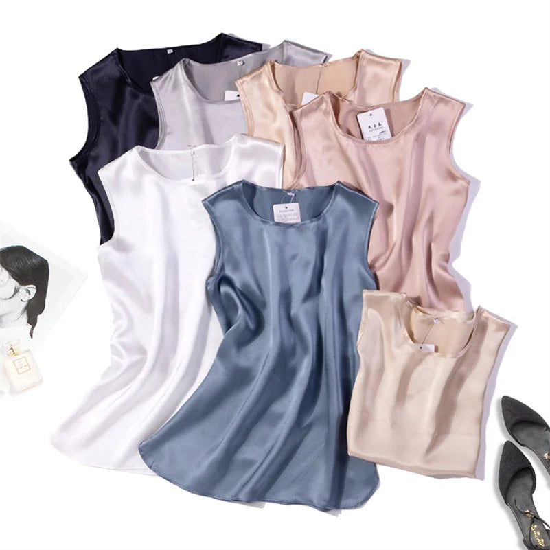 Elegant Fashion Satin Tank Tops Office Lady Blouse Shirts plus  Summer Slim Sleeveless Vest Women Simple O-neck Tops y2k clothes