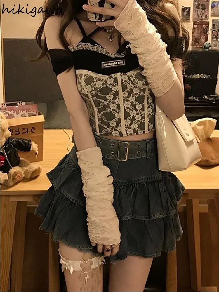 Streetwear Jean Skirt Women 2025 Faldas Mujer De Moda High Waist Vintage Saia Sweet Ruffles A-line Jupe Casual Y2k Mini Skirts