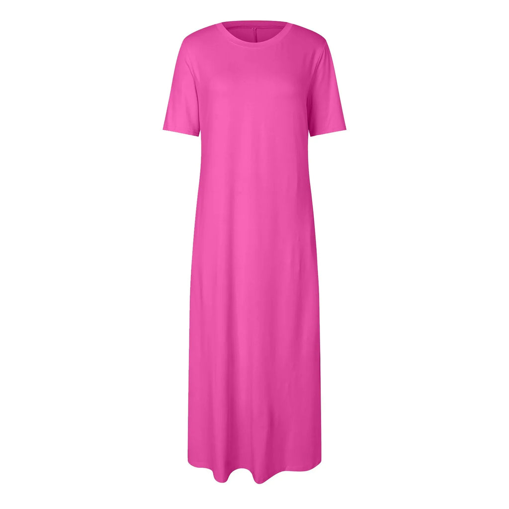 Women's Elegant Slim Fit Maxi Dresses Solid Short Sleeve O Neck With Pockets Ankle Length Dresses Casual Beach Holiday Dresses