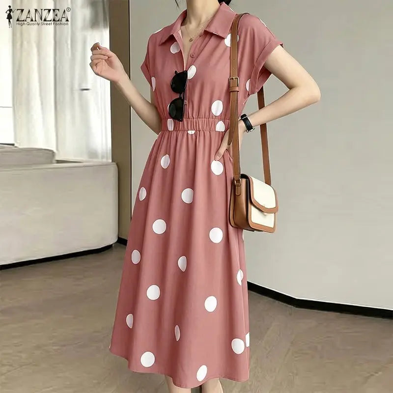 ZANZEA Women Polka Dots Midi Dress Casual Turn-Down Collar Cap Sleeve Half-Button Elastic Waist A-Line Dresses Commute Robes