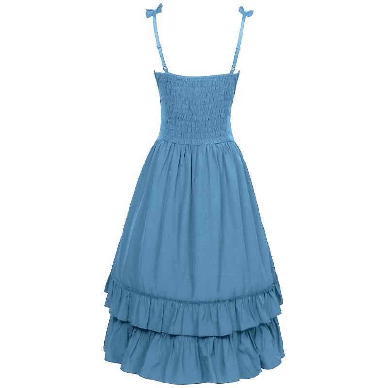 2026 Vintage Victorian Ruffle Midi Dress,High Waist A Line Women Sling Dress,Medieval Cosplay Party Dress for Women Summer Beach