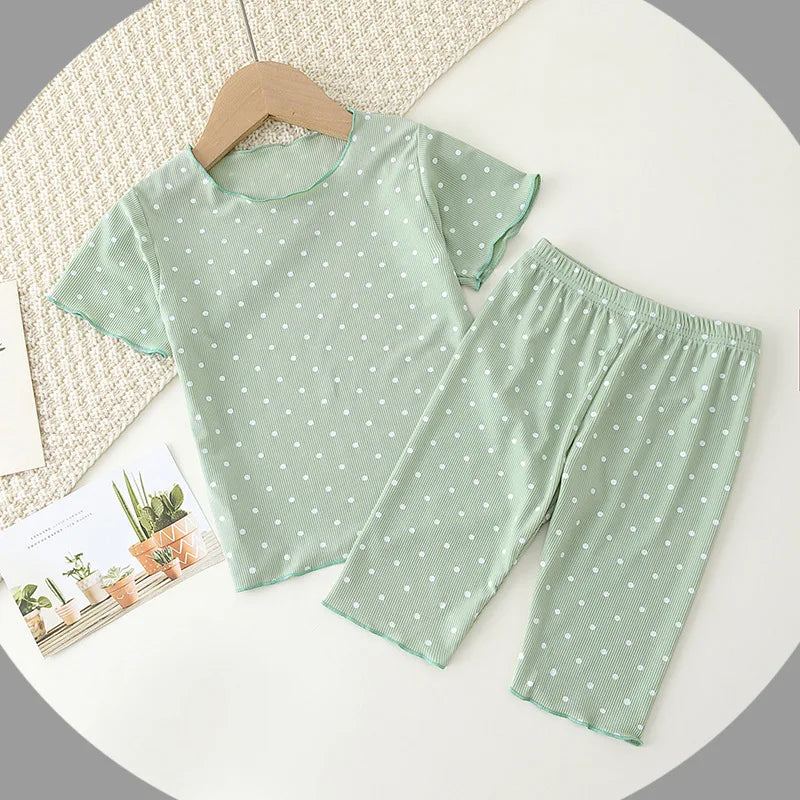 Summer Fashion New Short Sleeve Round Neck Flower Printed T-shirt Top+Pants 2 Piece Set Kids Casual Home Clothes