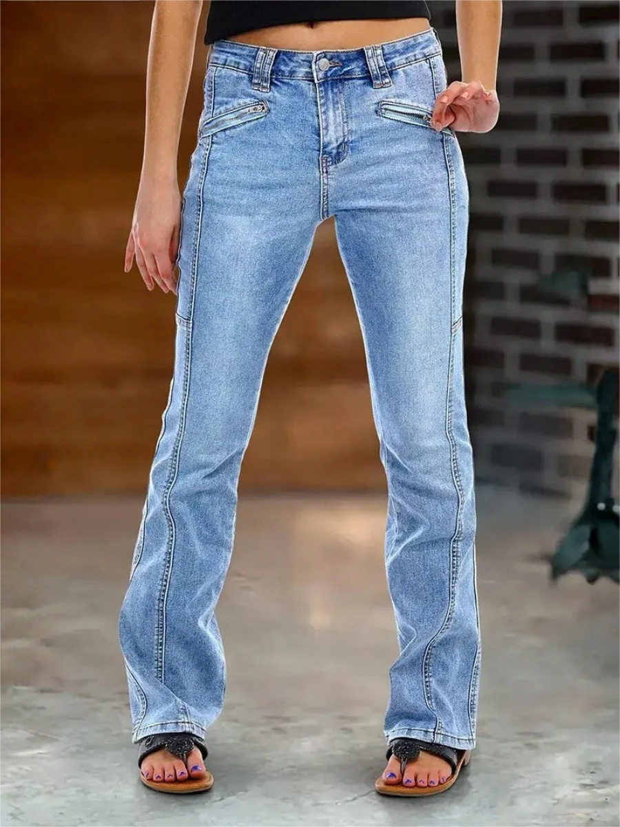【HME】Jeans | Women Mid‑Rise Flared Denim Pants, Zipper Decor Pocket Bootcut Denim Jeans, Light Washed Faded Finish, Side Stitch Detail, Stretchy Slim‑Fit Pants For Daily And Retro Y2K Style Outfits
