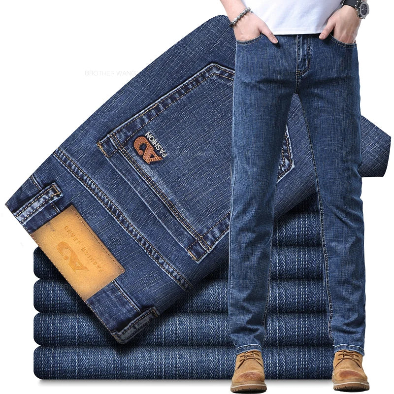 Spring Men'S Light Blue Slim Jeans Stylish Casual Stretch Fabric Denim Pants Classic Trousers Smoke Gray