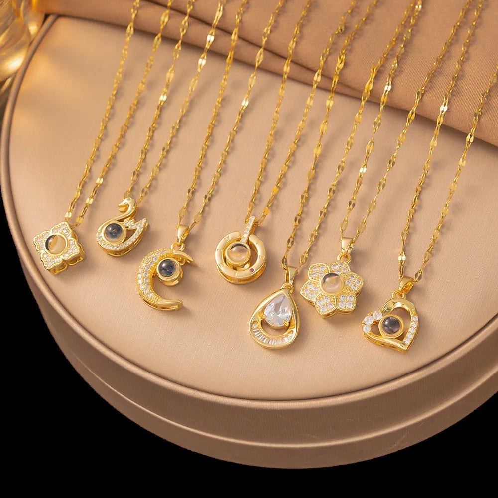 New Micro-Inlay Zircon Swan Flower Heart Projection Moon Pendant Necklace For Women'S Stainless Steel Valentine'S Day Jewelry