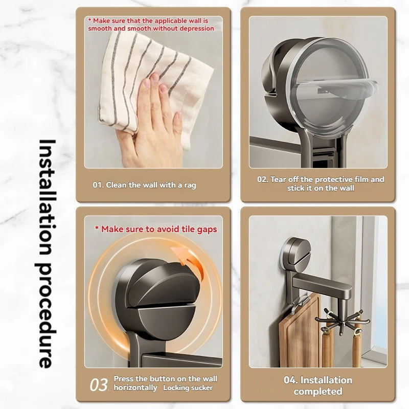 Estante de almacenamiento de cocina con ventosa - No necesita perforación Gancho giratorio 360° Gancho de plástico duradero para cocina
