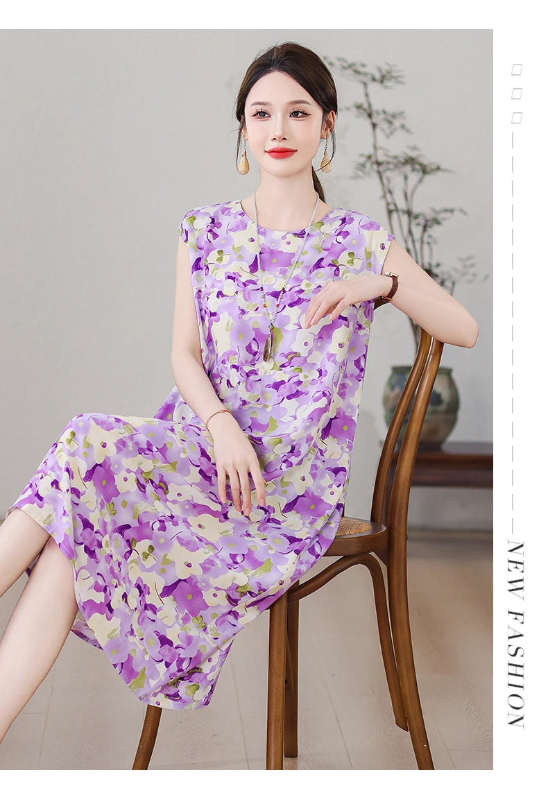 New Fashion Vintage Floral Print  Sleeveless Casual Party Femme Summer Dresses For Women 2025 O-neck Straight Women Clothing