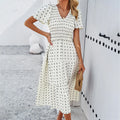 Summer Women's Casual Polka Dot Long Dress Vacation Boho Short Sleeve Solid V-neck Beach Sundress Elastic Waist Midi Dresses