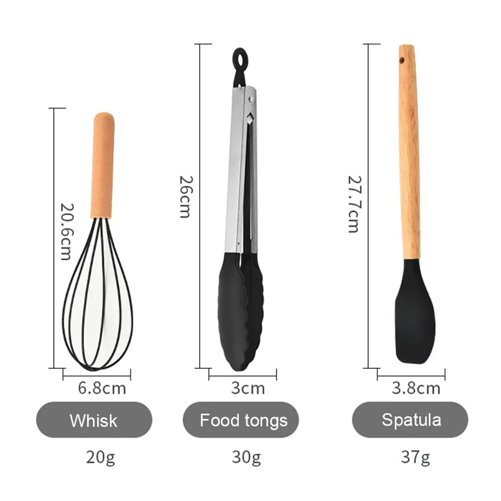 12Pcs Kitchen Utensil Set Silicone Spatula Set Wooden Handle Cooking Tools Kit with Holder Heat-Resistant Cookware for Kitchen