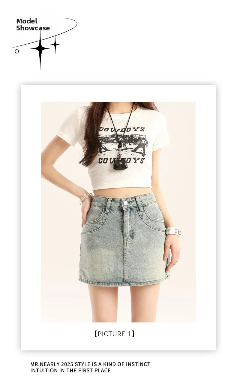Light Blue Spicy Girl High Waist Denim  Skirt Women's A-Line Bodycon Short Skirt Summer New Style Slimming Anti-Light