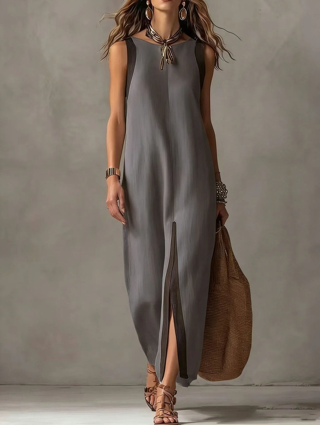 Boho Asymmetrical Hem Maxi Dress Front Slit Contrast Trim Summer New Woman Dresses Casual Sleeveless Round Neck Loose Dresses
