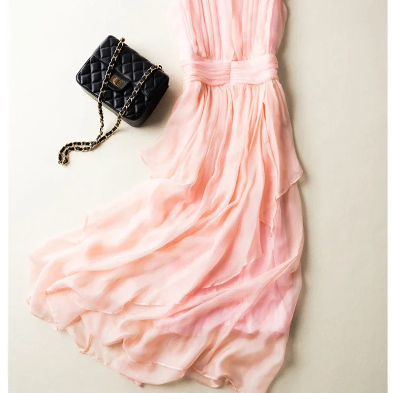 100% Mulberry Silk Dress Slim Silk Dress 2024 Summer Women's Clothing Super Fairy Beach Dresses Long Elegant Dresses For Women