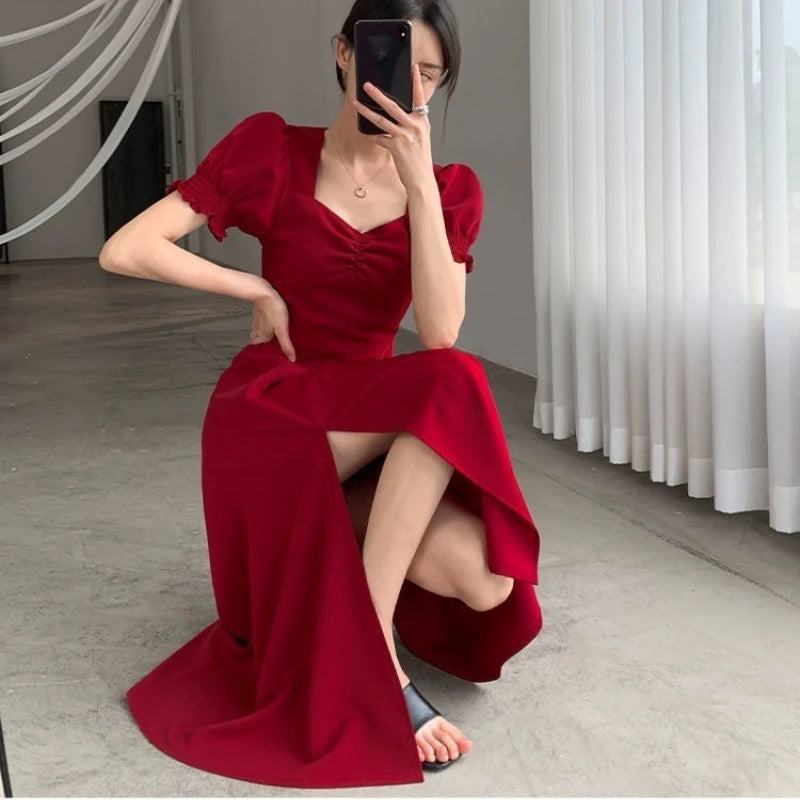 Women'S Summer V-Neck Puff Short-Sleeved Dress Elegant Female Side Slit Long A-Line Dresses Solid Sexy Slim Evening Vestidos
