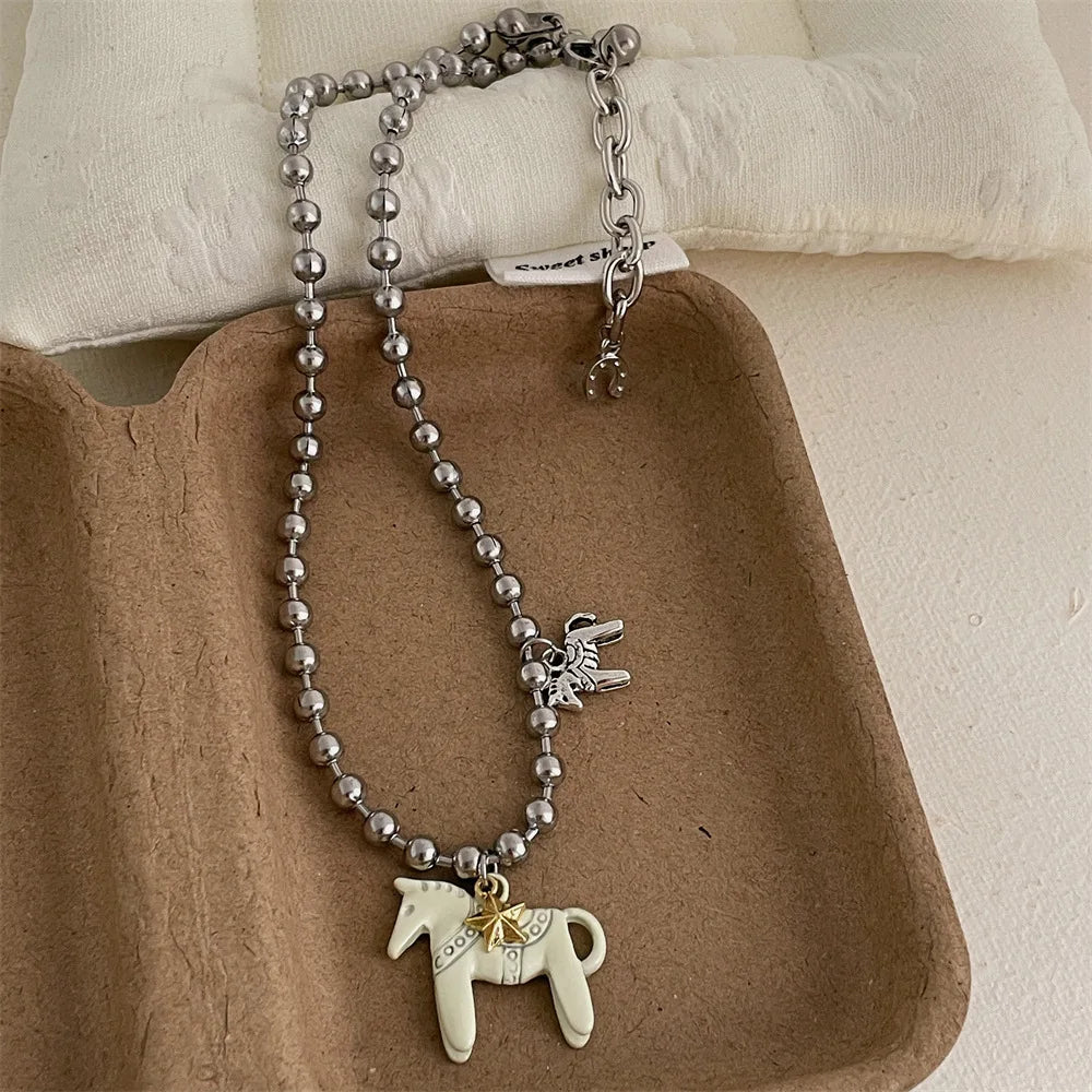 Lats White Black Green Blue Pink Color Enamel Colt Horse Pendant Necklaces For Women'S Silver Plated Alloy Beads Chain Chokers