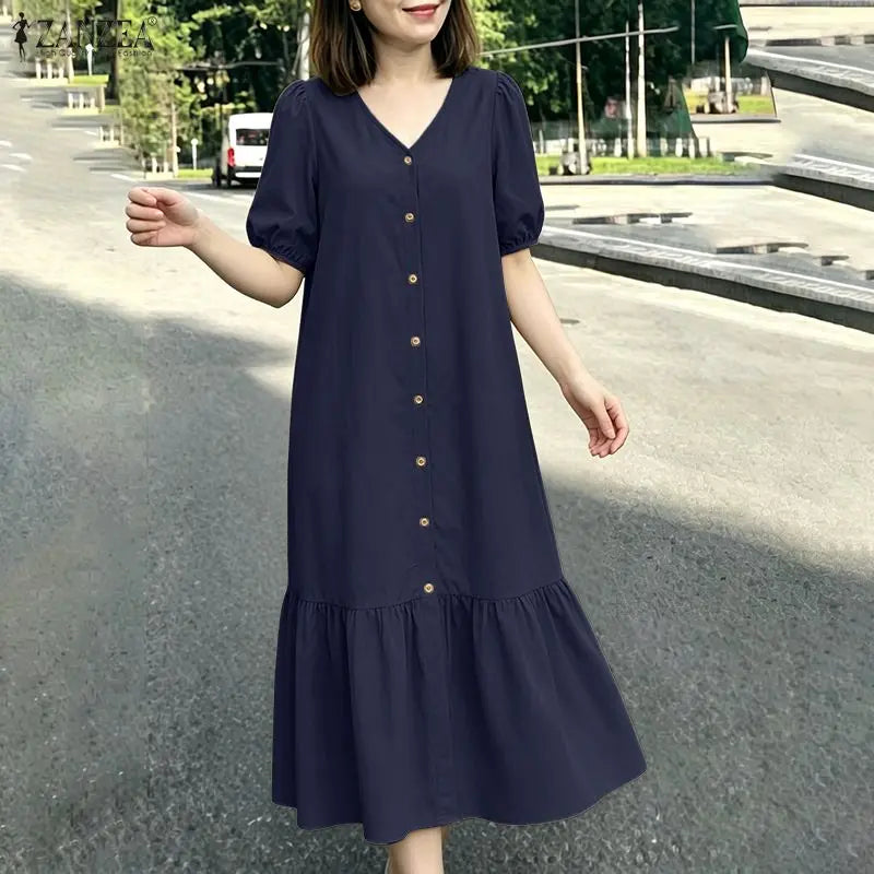 ZANZEA Summer Maxi Dress WomenV Neck Puff Sleeve Button Down Dress Casual Loose Solid Color Ruffle Hem Vacation Sundress Robe