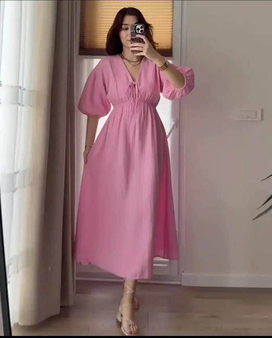 Dress Women Dresses A Line Puff Sleeve Vestidos V Neck Elastic Waist Elegant Mid Length Solid Y2k Streetwear Work Lace Up Summer