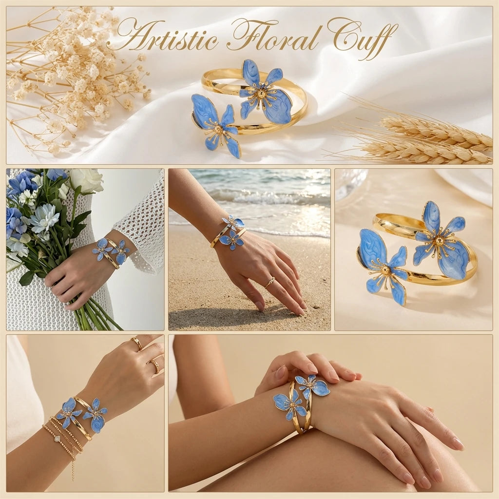 Elegant Enamel Flower Open Cuff Bracelet For Women'S Gold Plated Metal Pink White Blue Floral Bangles Beach Vacation Jewelry