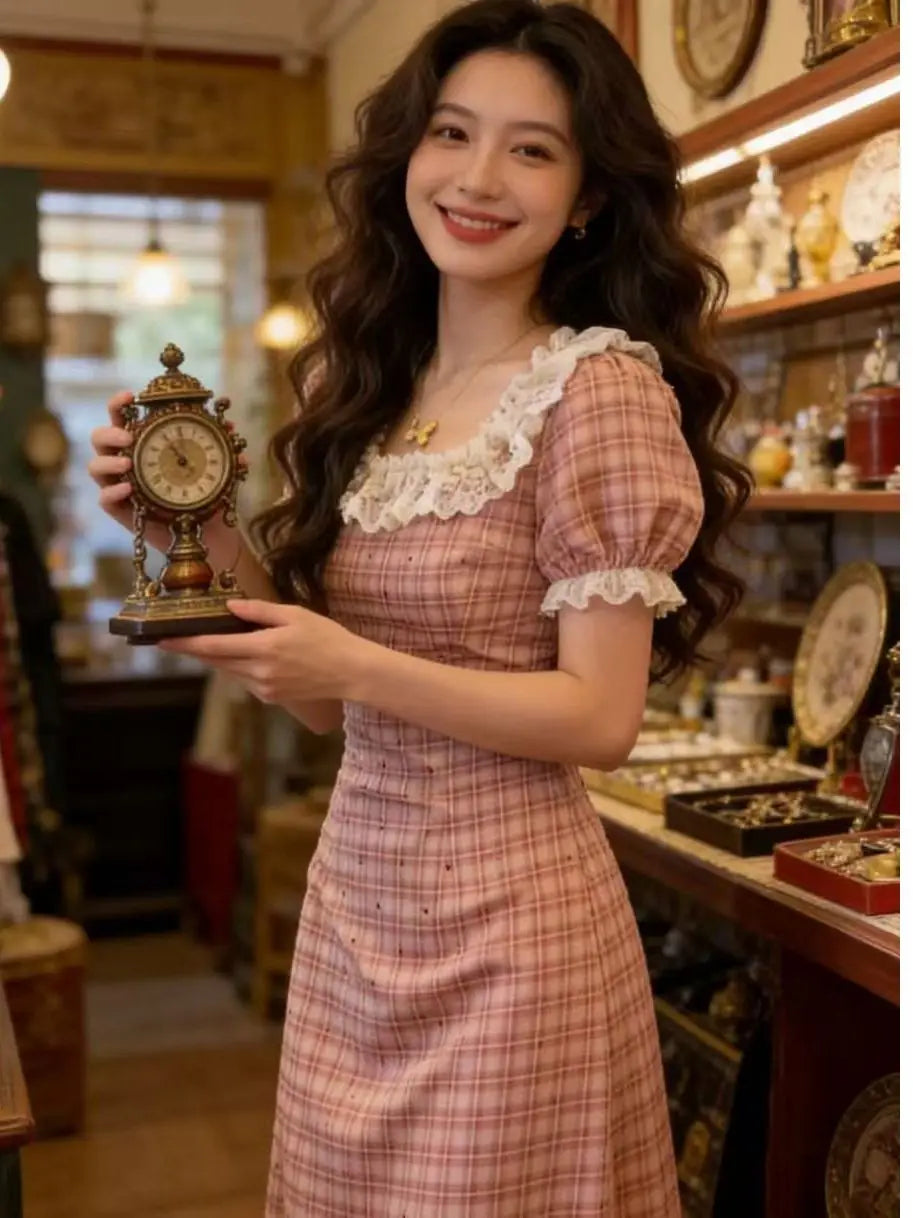 Pink Lace Bubble Sleeve Dress Women's Summer Gentle Style Ultra Beautiful Plaid Slimming Long Dress High Waist A-Line Skirt
