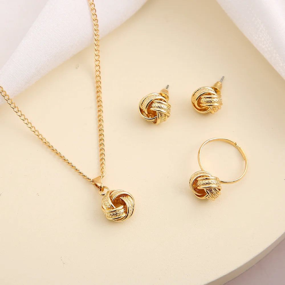Gold Color Alloy Metal Twist Lucky Knot Earrings Necklace Ring Jewelry Set For Women'S Girls Trendy Geometric Vintage Accesories