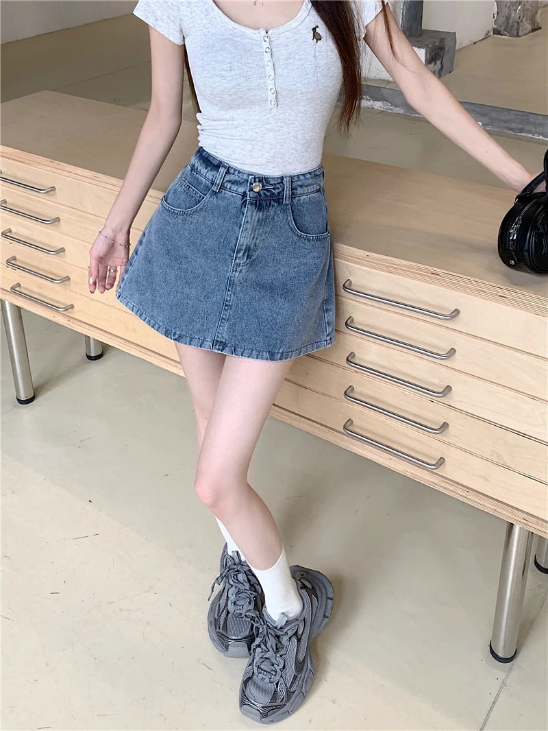 Elegant American Style High Waist A-Line Denim  Skirt Women's Fashionable Slimming Short Skirt Pants Skirt