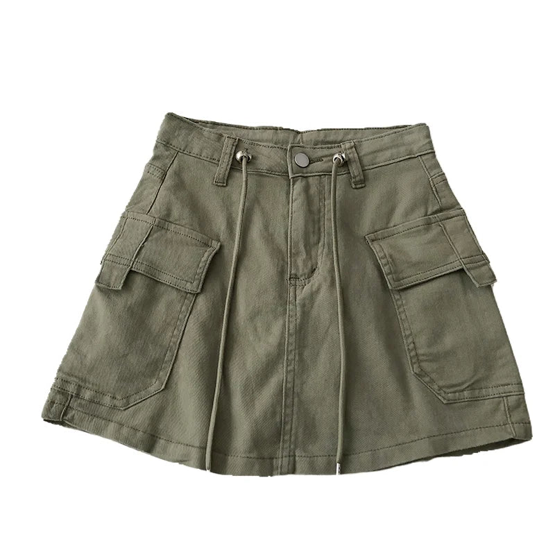 Retro High Waist Denim  Skirt Women's Spring Summer Autumn Casual Drawstring Anti-Light Short Skirt Polyester Fiber
