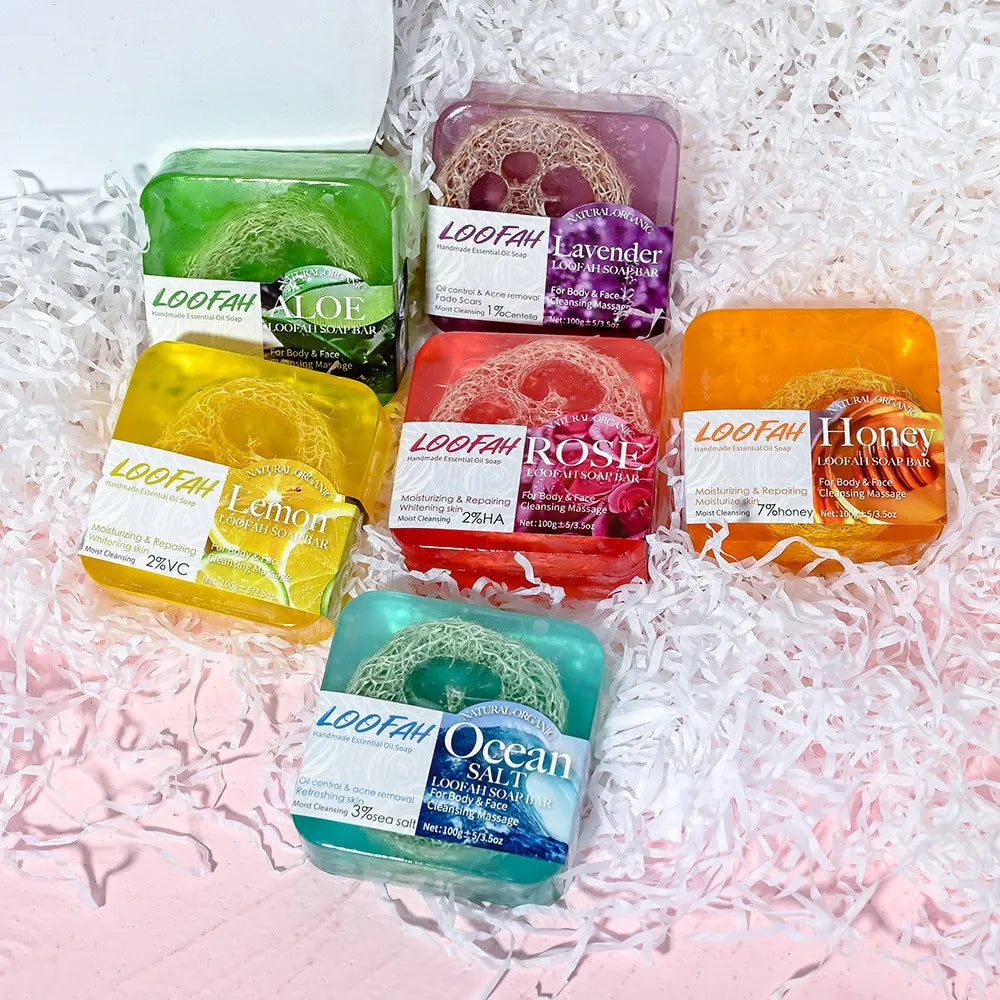 100g Organic Lavender Oil Loofah Soap Natural Lemon Whitening Face Body Wash Bar Loofah Soap