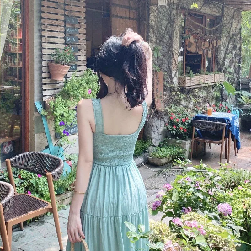 Sweet Long Dresses Beach Style Spring Summer A-line Elegant Women Dress Korean Fashion Sleeveless Ruffles Vestidos Mujer