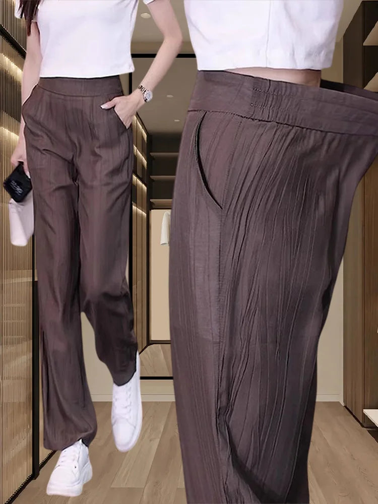Women's Ice Silk Wide Leg Pants - High Waist Loose Casual Trousers