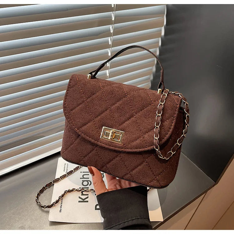Diamond Grid Chain Crossbody Bag One Shoulder Purse Trendy Flip Top Clutch Women's Fashion Suede Leather Casual Shoulder Bag