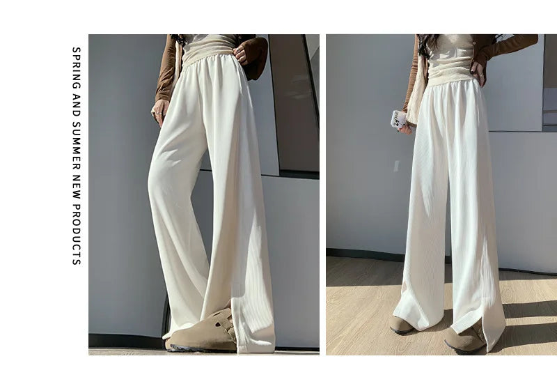 Women's High Waist Wide Leg Knitted Pants - Side Split Casual Long