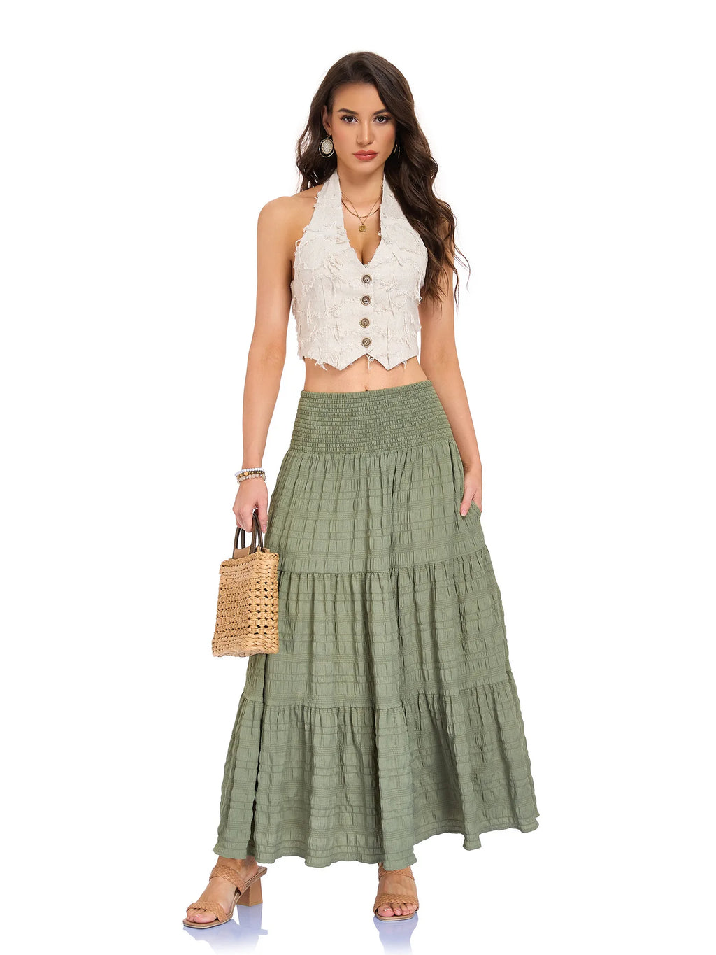 New In 2026 Women's Spring Summer Casual Long Skirts Female Elasticity High Waist Solid Color Maxi Skirt