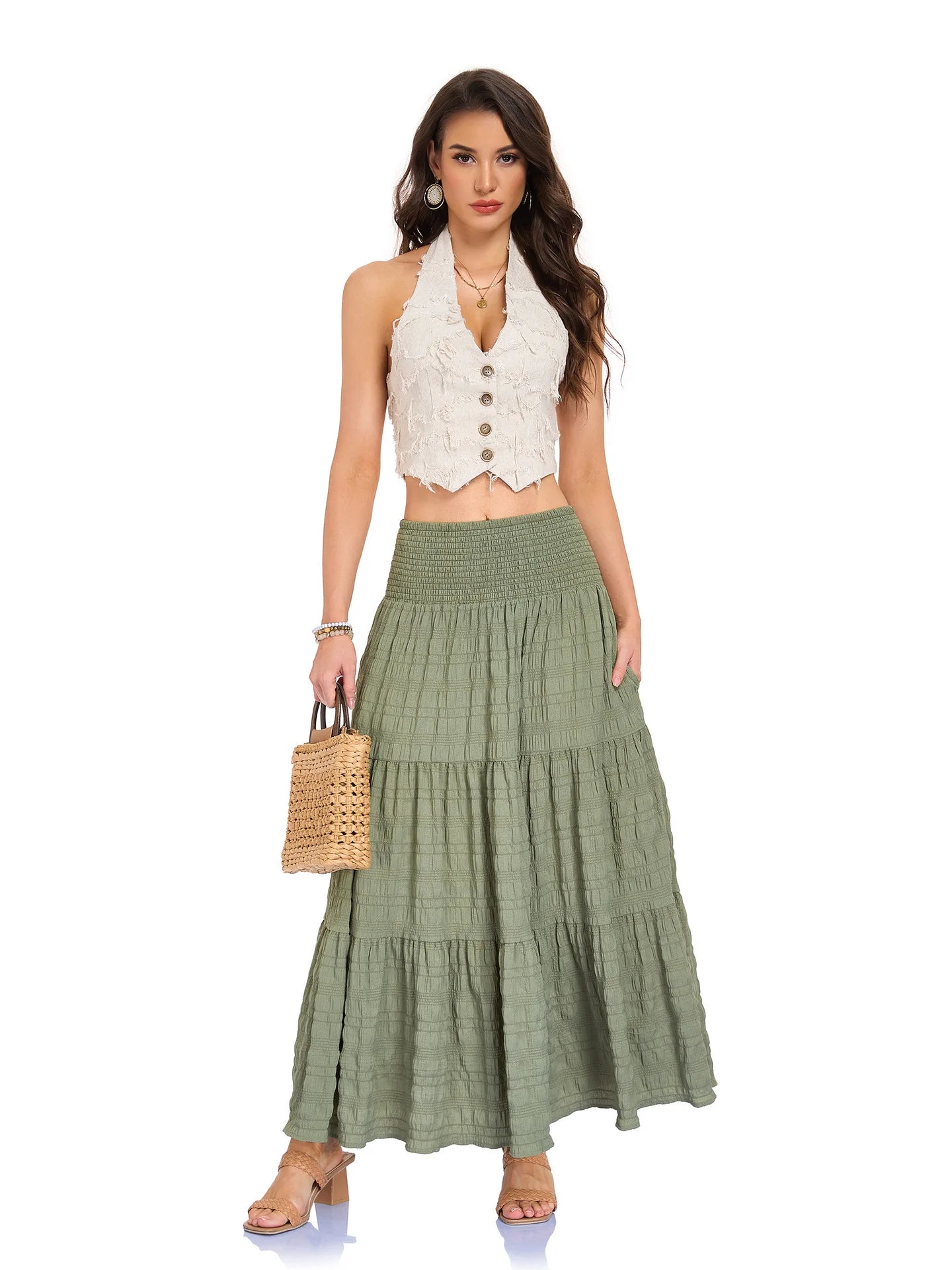 New In 2026 Women's Spring Summer Casual Long Skirts Female Elasticity High Waist Solid Color Maxi Skirt