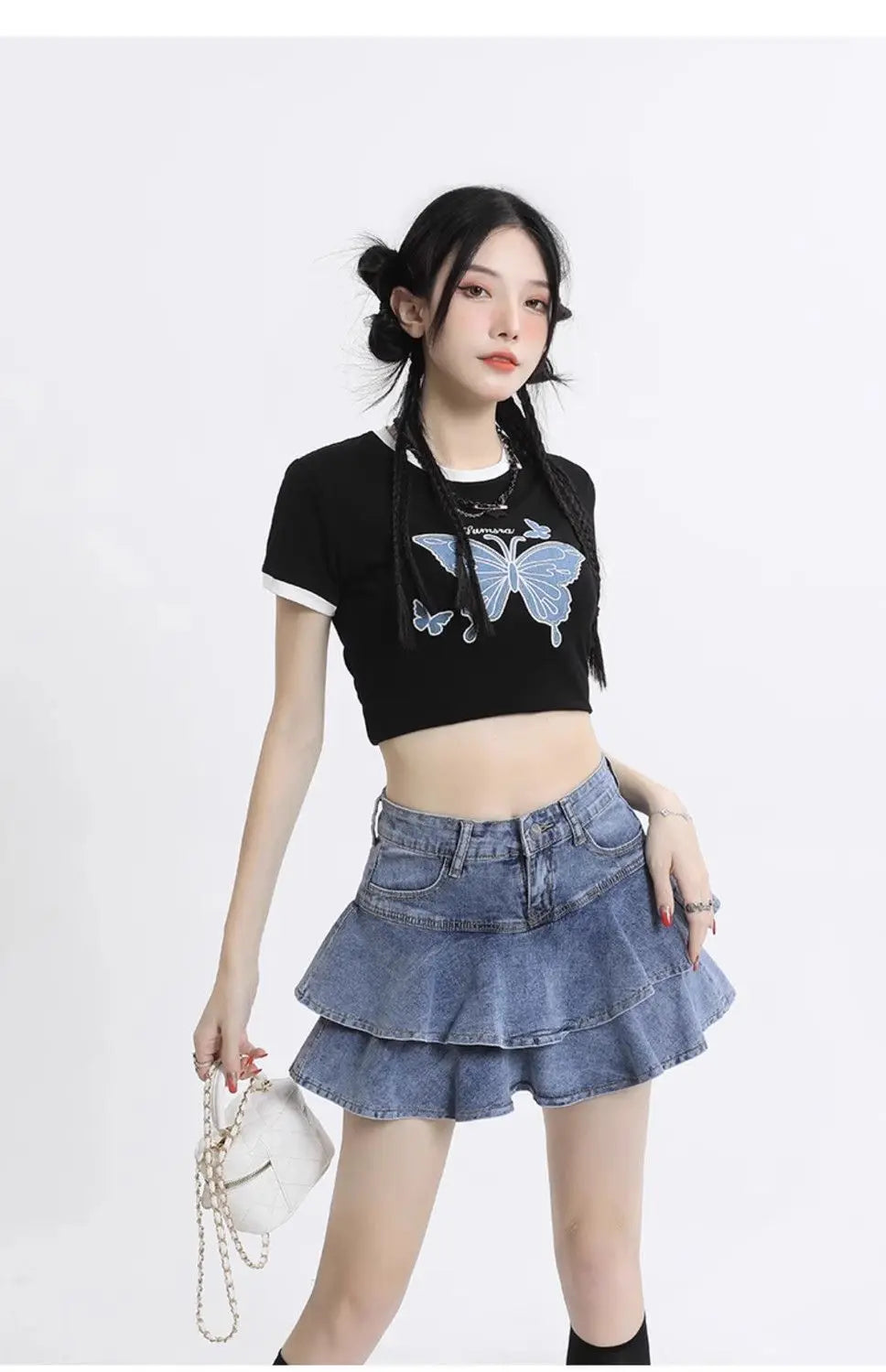 Women's Double Layer Ruffled Denim Mini Skirt With Heart Chain Decoration