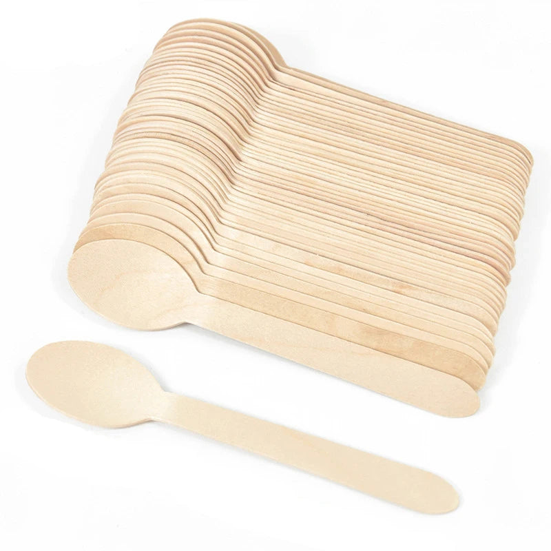 50/100PCS Disposable Wooden Tableware Wedding Party Wooden Knife Fork Spoon Tableware for Tasting Yogurt Ice Cream Cake