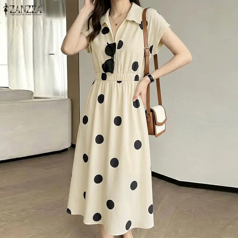 ZANZEA Women Polka Dots Midi Dress Casual Turn-Down Collar Cap Sleeve Half-Button Elastic Waist A-Line Dresses Commute Robes