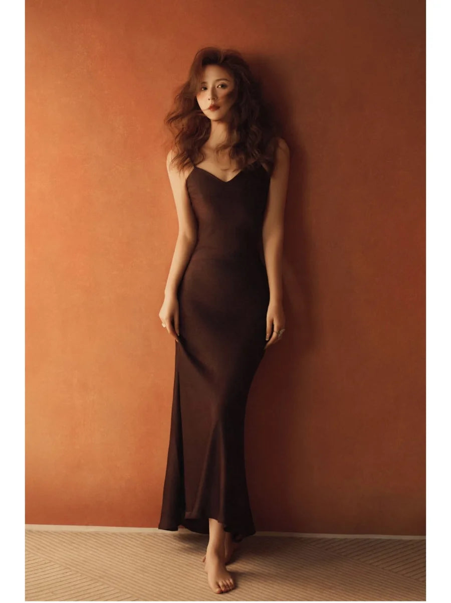 New Elegant women's fashion silk satin texture MIDI dress sexy backless party slip dress