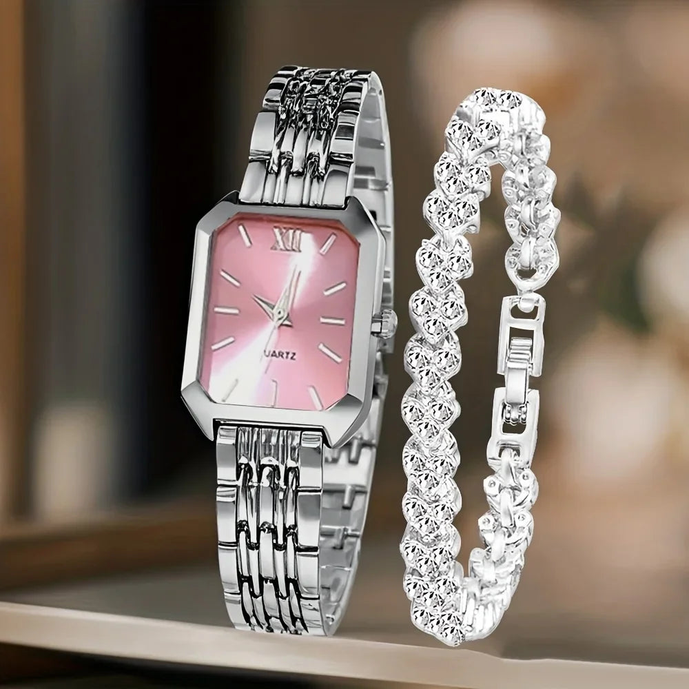 2PCS/Set Fashion Rectangle Women Quartz Watch Ladies Roma Dial Wristwatches Rhinestone Bracelet Set Reloj Mujer Girls Clock Gift