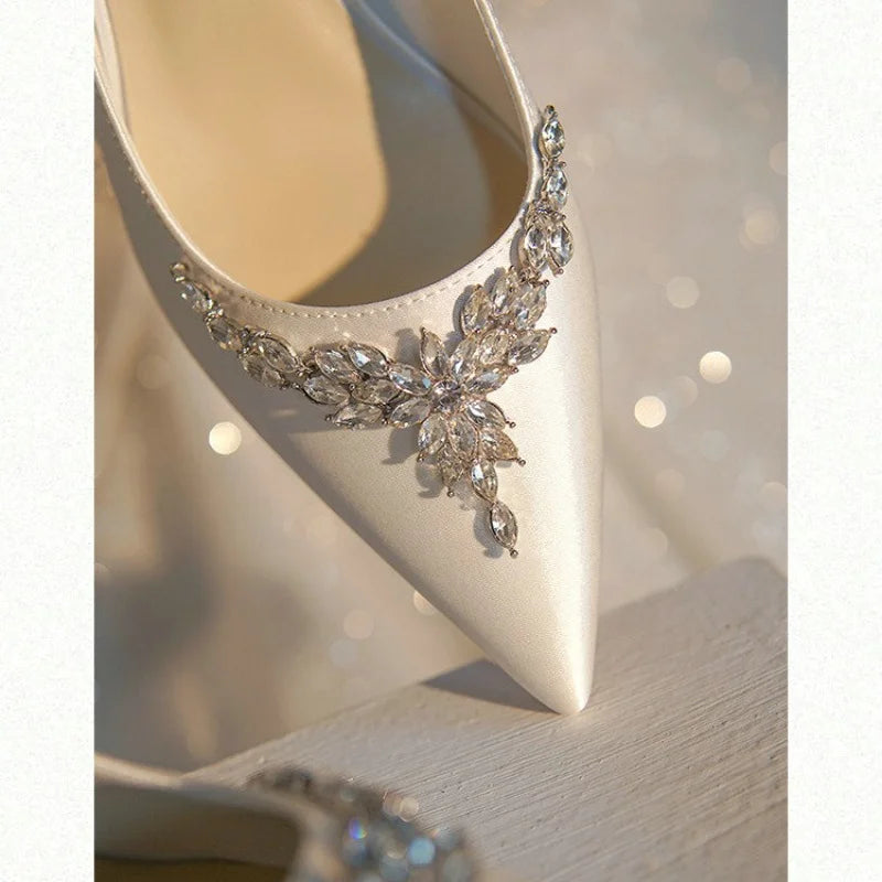 New White Women'S Bridal Wedding Shoes Silk Satin Rhinestone Crystal Shallow Pumps Stiletto High Heels