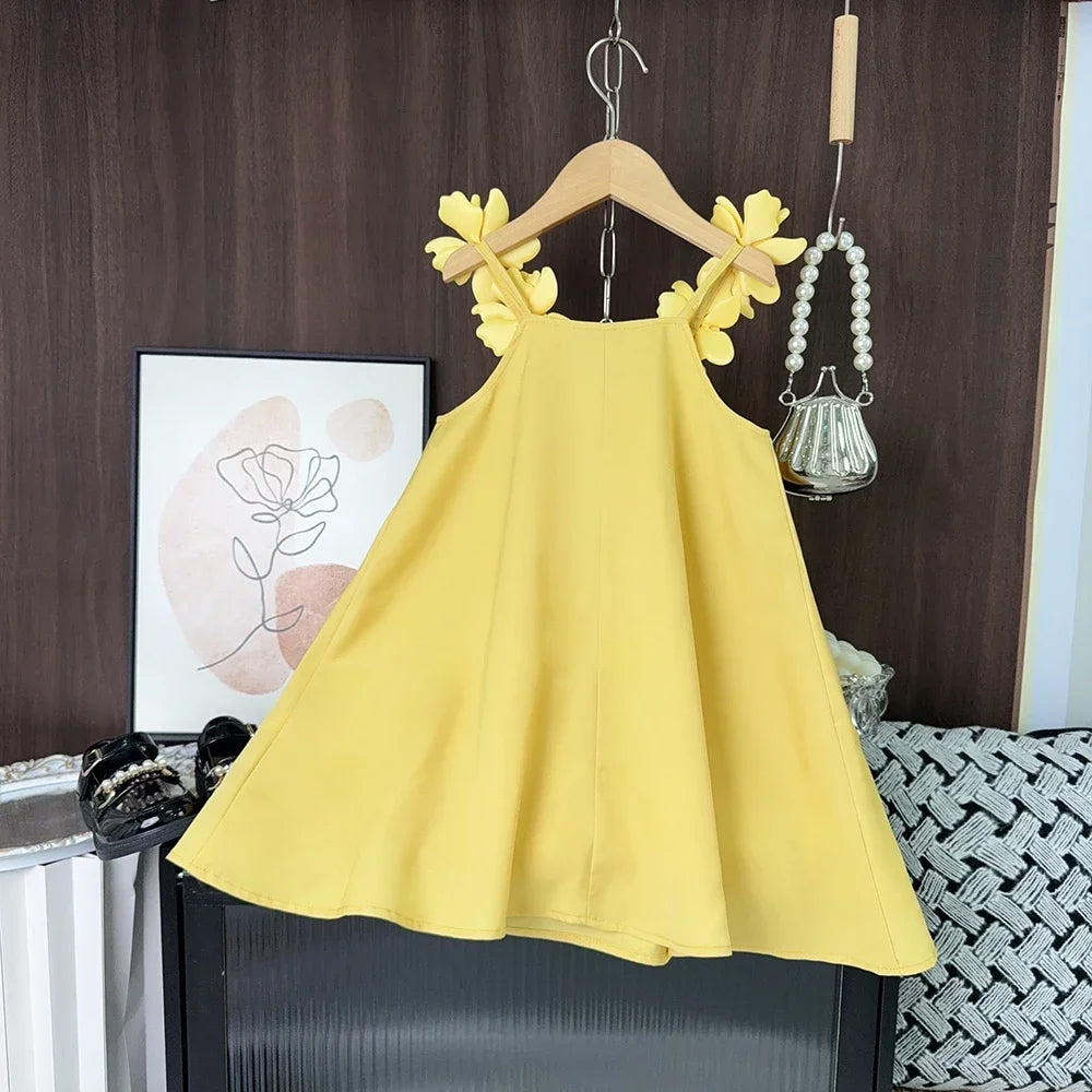 Korean Version 2 3 4 5 6 7-year-old Solid Color Girls' Casual Clothes Summer 3D Flower Princess Dress Fashionable and Elegant