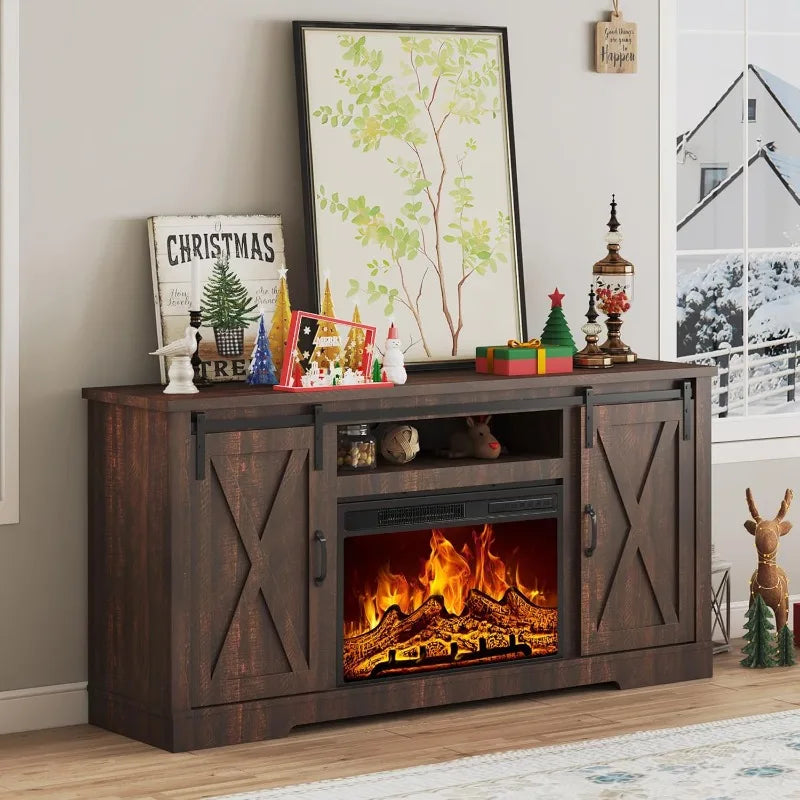 AMERLIFE Fireplace TV Stand with Sliding Barn Door Farmhouse Fireplace Entertainment Center with Storage Cabinets/Adjustable