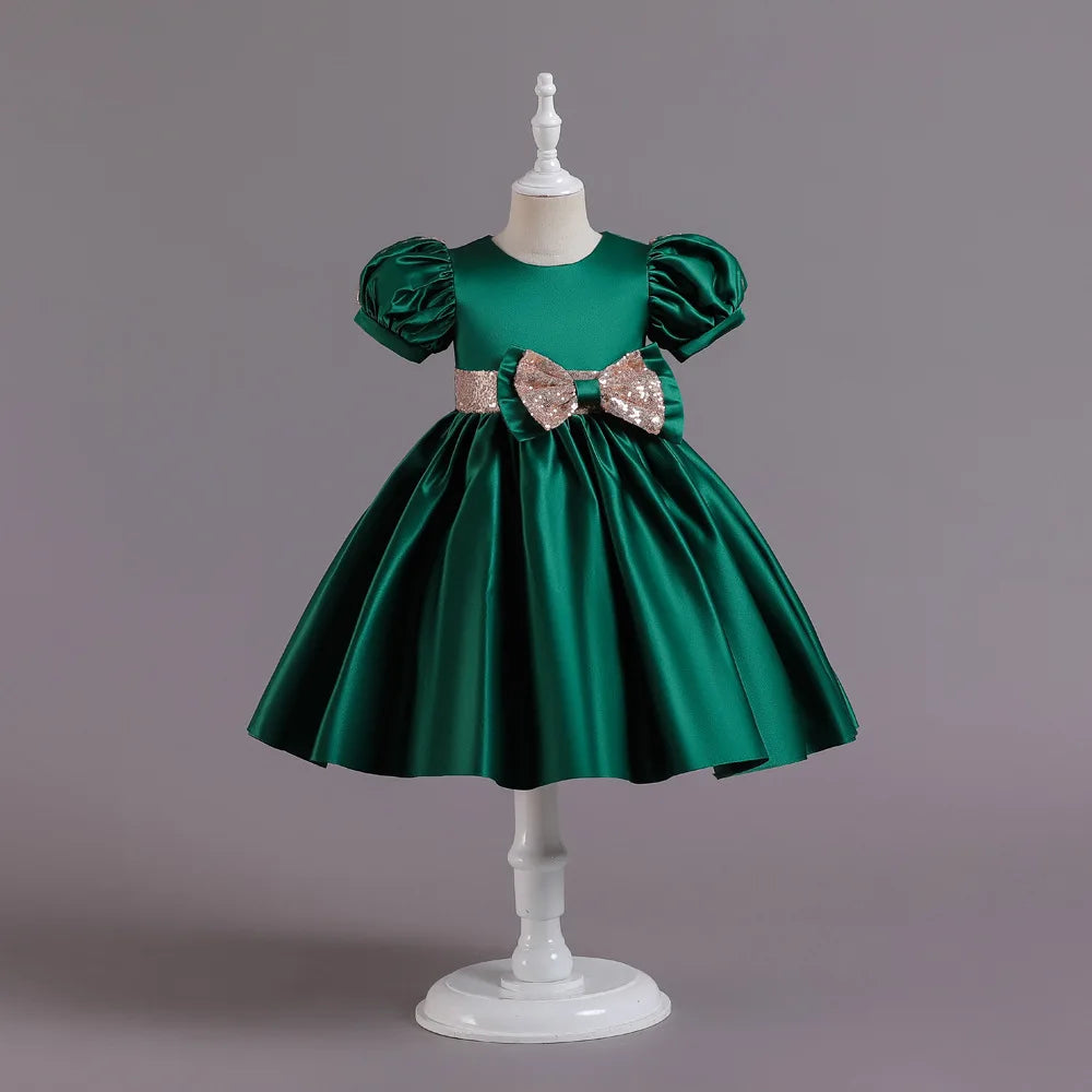 Golden Bow Satin Girls Dress For Weddings Party Children's Pageant Ball Gown Kids Formal Evening Clothing 2-8 10 Years