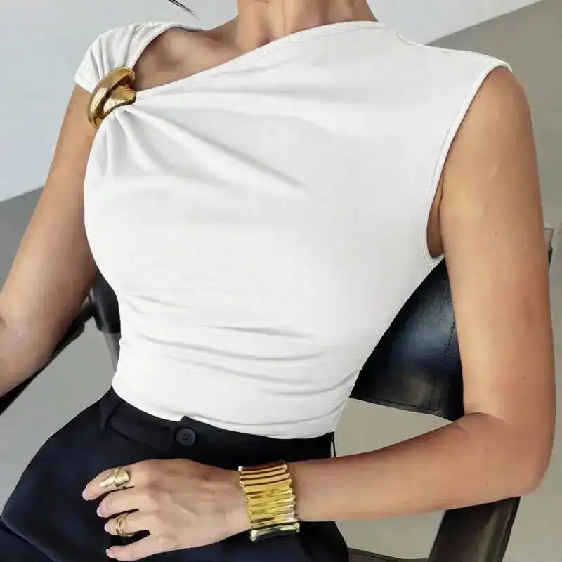 Women Solid Color Short Sleeved Top Summer Asymmetrical Slanted Collar Slimming Vest Elegant Comfortable And Breathable Vest