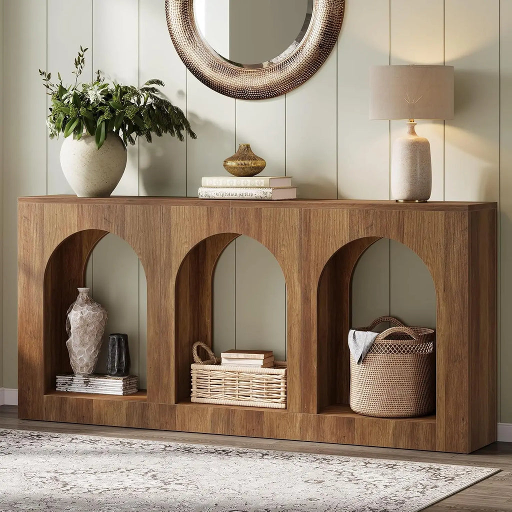 70.9" Console Table with 3 Arched Shelves, Wood Entryway Storage for Foyer Hallway Living Room, Narrow Long Brown, Customized