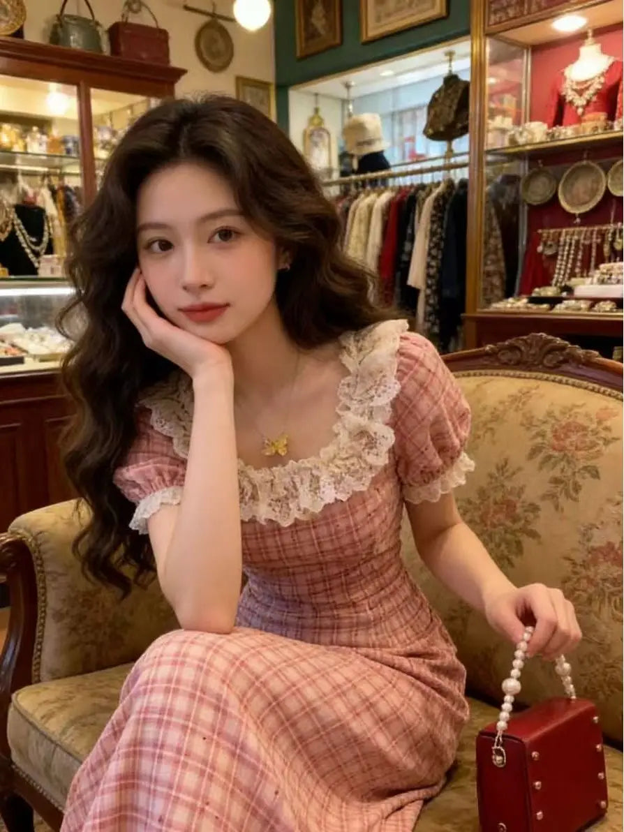 Pink Lace Bubble Sleeve Dress Women's Summer Gentle Style Ultra Beautiful Plaid Slimming Long Dress High Waist A-Line Skirt