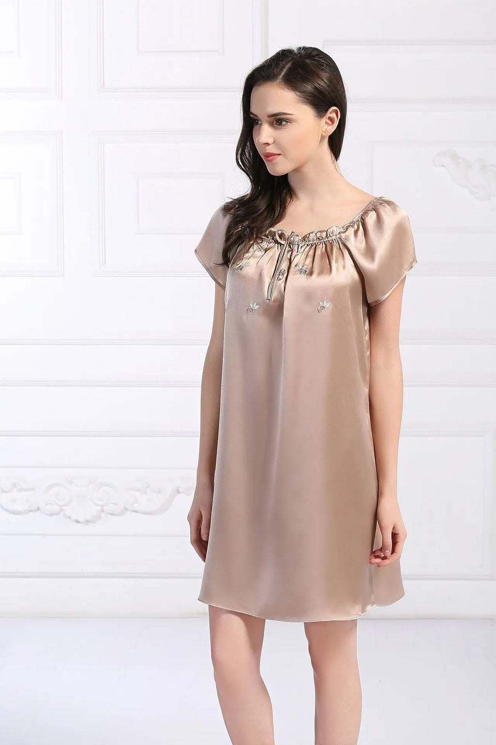 Women's 100% Mulberry Silk Sleep Dress Short Sleeve Summer Spring New Arrival Loose Solid Color Embroidered Doll Sleepwear